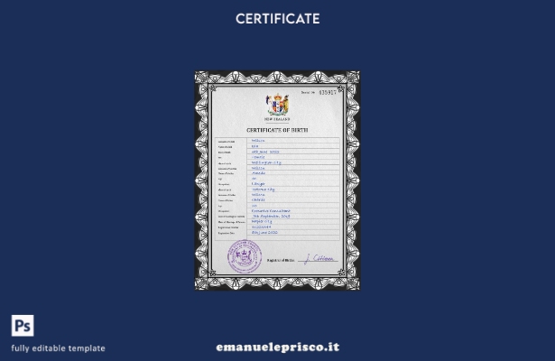 modello PSD del certificato di nascita della Nuova Zelanda in stile verificato